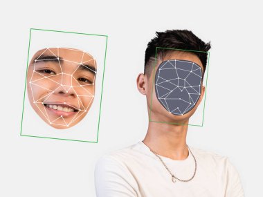 Deepfake concept matching facial movements with a different face of another person. Face swapping or impersonation. clipart