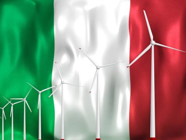 İtalya 'da rüzgar enerjisi endüstrisi. Ulusal bayrağın önünde rüzgar türbinleri. 3d oluşturma.