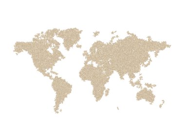 Beyaz yalıtılmış arka planda beyaz pirinç taneleriyle yapılan dünya haritası. İhracat, üretim, arz, tarım veya sağlık kavramı.