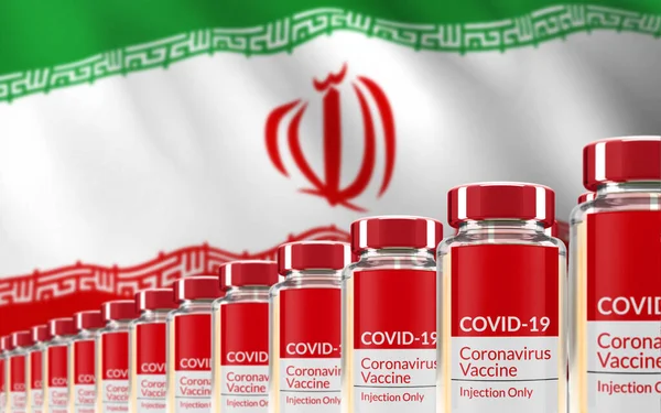Filas Múltiples Viales Vacuna Covid Con Bandera Irán Segundo Plano —  Fotos de Stock