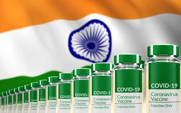 Filas Múltiples Viales Vacuna Covid Con Bandera India Fondo Concepto —  Fotos de Stock