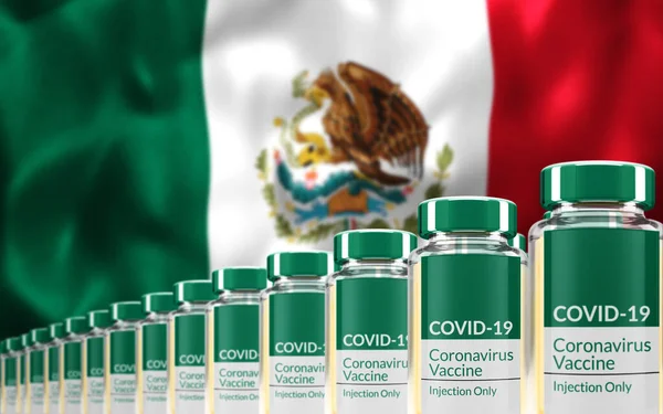 Rows Multiple Covid Vaccine Vials Flag Mexico Background Mass Production — Stock Photo, Image