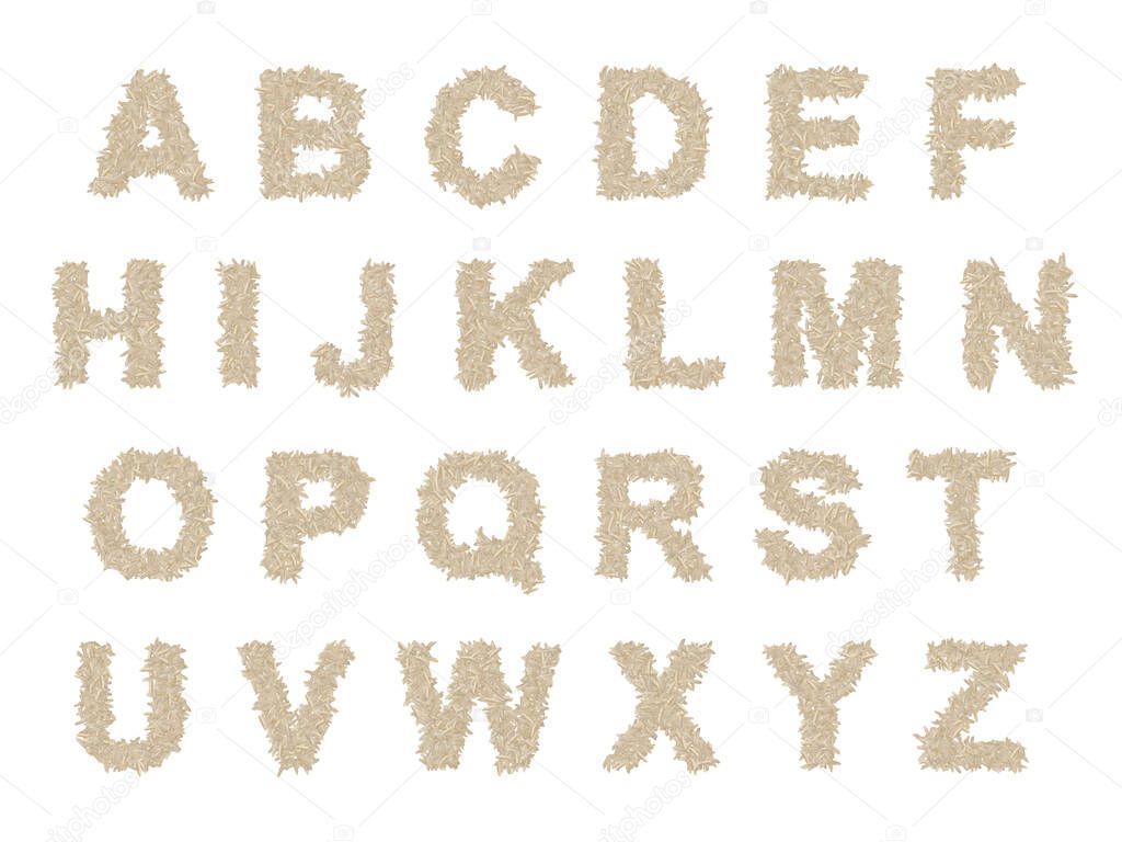 Rice font, complete alphabet. Made with white rice long grains, bold sans serif letters. On a white background.