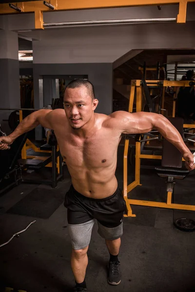 Hombre Cansado Sudoroso Pero Decidido Hace Cruces Cables Gimnasio Tropical —  Fotos de Stock