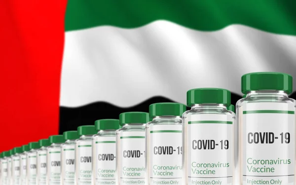 多排Covid 19疫苗瓶 背景为阿联酋或阿拉伯联合酋长国国旗 大规模生产和接种概念 3D渲染 — 图库照片
