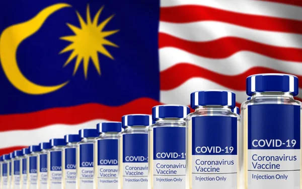 Filas Múltiples Viales Vacuna Covid Con Bandera Malasia Fondo Concepto —  Fotos de Stock