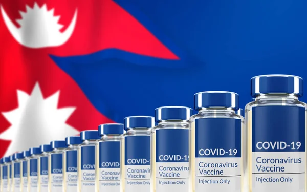 Filas Múltiples Viales Vacuna Covid Con Bandera Nepal Segundo Plano —  Fotos de Stock