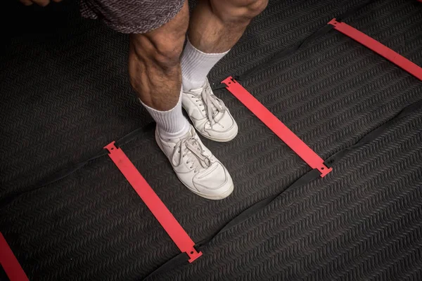 Closeup Footwork Agility Ladder Feet Square Fitness Cardio Intense Sports — Stock Photo, Image