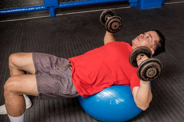 Fit Athletic Asian Guy Does Swiss Ball Dumbbell Chest Press — Stock Photo, Image