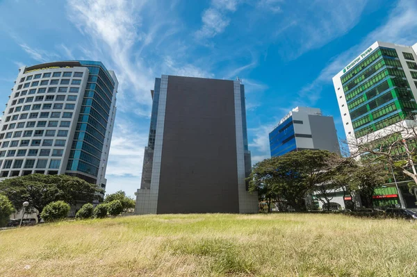 Alabang, Muntinlupa, Metro Manila Filipinleri - Madrigal Business Park 'taki ofis binaları, boş bir otlaktan görüldüğü gibi.