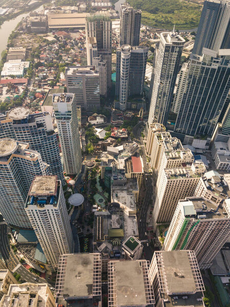 Metro Manila, Philippines - April 2021: Looking down at upscale condos of Eastwood City, a mixed-use development complex in Quezon City.