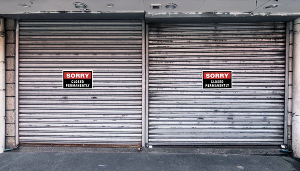 Two Closed Corrugated Metallic Roll Doors Closed Permanently Signs Concept — Stock Photo, Image