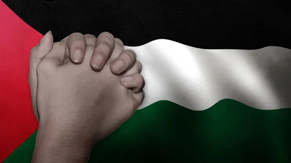 Pray Palestine Message Hand Prayer Palestinian Flag Background — Stock Photo, Image