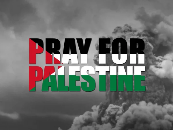 Pray Palestine Message Palestinian Flag Colors Smoke Rubble Background — Stock Photo, Image