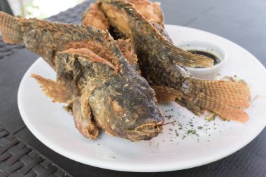 Soya soslu kızarmış Tilapia. Filipin mutfağı.