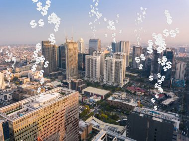 Dolar işaretleriyle temsil edilen pasif gelir üreten bir şehirde birkaç mülk kavramı. Gayrimenkul yatırımları veya REITS.
