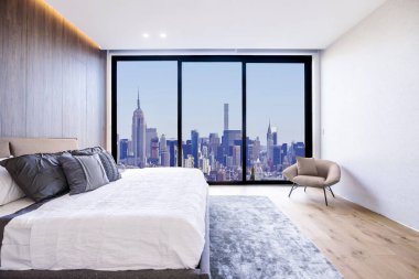 Minimalist iç tasarımın modern ve lüks yatak odası, New York şehir merkezinin ufuk çizgisi manzaralı. New York 'ta lüks bir daire ya da otel..