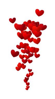 A steady upward stream deep red hearts. Social media or Valentines day concept reacting to affectionate or loving post. Graphic effect. White background.