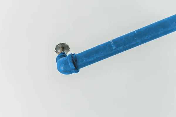 Closeup up of a sprinkler head attached to a blue PVC pipe. An exposed fire sprinkler system installed at the ceiling of a parking building.