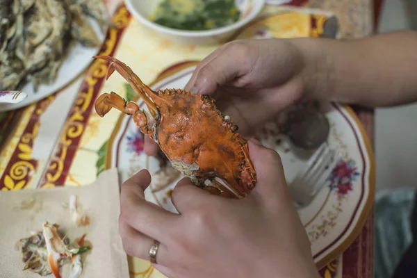 Woman Picks Apart Cooked Flower Crab Known Locally Alimasag Common — Stock Photo, Image