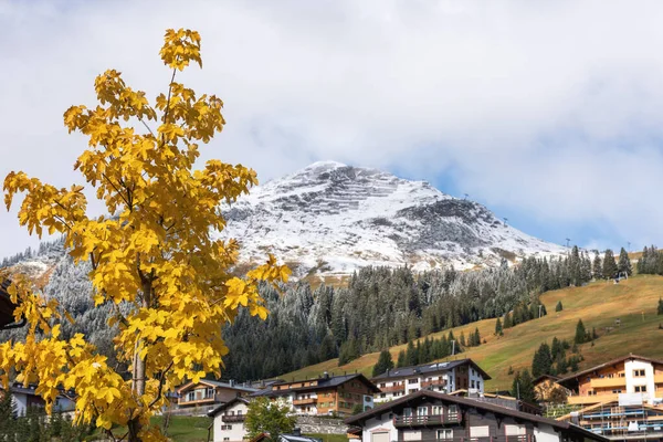 Esdoorn Met Geel Herfstblad Tegen Achtergrond Van Een Alpendorp — Stockfoto