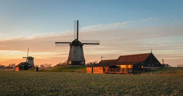 Gamla vattenkvarnar bredvid Eilandspolder i kvällsljus, Nederländerna — Stockfoto