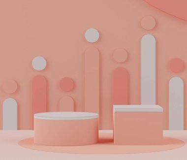 Pembe mercanların 3 boyutlu görüntülenmesi podyum ya da kaideyi taklit etmek için gösterir ve soyut basit geometrik şekillere sahip ürünler sunar..