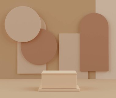 Dünya tonlarının 3d yorumlanması podyum ya da kaideyi taklit etmek için asgari düzeyde gösterir ve soyut basit geometrik şekillere sahip ürünler sunar. Sönük doymuş renk.