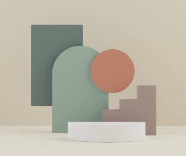 Dünya tonlarının 3d yorumlanması podyum ya da kaideyi taklit etmek için asgari düzeyde gösterir ve soyut basit geometrik şekillere sahip ürünler sunar. Sönük doymuş renk.