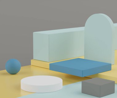 Dünya tonlarının 3d yorumlanması podyum ya da kaideyi taklit etmek için asgari düzeyde gösterir ve soyut basit geometrik şekillere sahip ürünler sunar. Sönük doymuş renk.