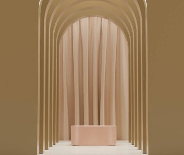 Dünya tonlarının 3d yorumlanması podyum ya da kaideyi taklit etmek için asgari düzeyde gösterir ve soyut basit geometrik şekillere sahip ürünler sunar. Sönük doymuş renk.