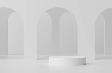 3 boyutlu geometrik şekiller oluşturuluyor. Beyaz mermer renkli boş podyum. Sunum için minimalist kaidesi ya da vitrin sahnesi. Kozmetik reklamcılık için soyut arkaplan.