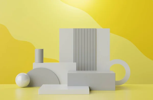 Візуалізація Мінімальної Сцени Білого Порожнього Подіуму Яскравим Жовтим Кольором Теми — стокове фото