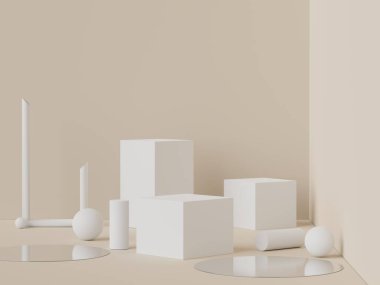 Toprak tonları renk temalı en az beyaz boş podyumun 3D görüntüsü. Ürün sunumu için gösterim standı. Makyaj ve kozmetik reklamları. Basit tasarımda silindir aşaması.