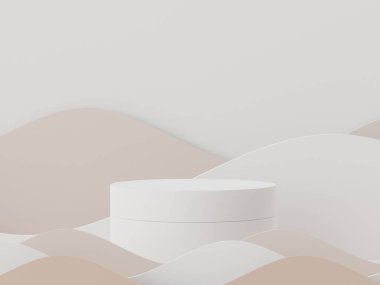 Toprak tonları renk temalı en az beyaz boş podyumun 3D görüntüsü. Ürün sunumu için gösterim standı. Makyaj ve kozmetik reklamları. Basit tasarımda silindir aşaması.