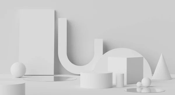 Візуалізація Геометричних Форм Порожній Подіум Відображається Білому Мармуровому Кольорі Мінімалістичний — стокове фото
