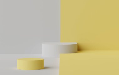 Yıl 2021 temalı aydınlatma sarı renkli en az beyaz boş podyum sahnesinin 3D canlandırması. Ürün sunumu için gösterim standı Model ve kozmetik reklamcılık.