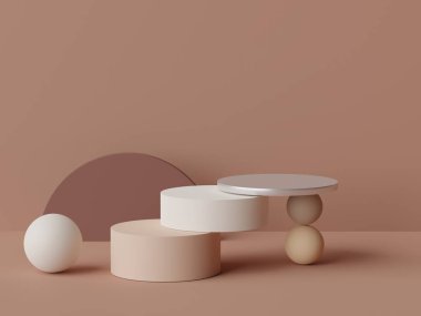 Toprak tonları renk temalı en az beyaz boş podyumun 3D görüntüsü. Ürün sunumu için gösterim standı. Makyaj ve kozmetik reklamları. Basit tasarımda silindir aşaması.