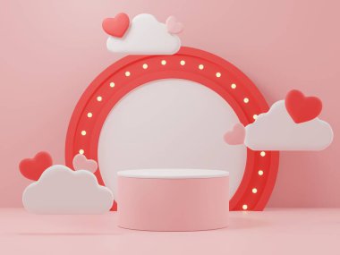 Sevgililer Günü temalı 3 boyutlu boş podyum sahnesi. Ürün sunumu için standını göster. Tatlı pembe renkli silindir sahnesi ve basit bir tasarım. Tatlı arkaplan