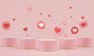 Sevgililer Günü temalı 3 boyutlu boş podyum sahnesi. Ürün sunumu için standını göster. Tatlı pembe renkli silindir sahnesi ve basit bir tasarım. Tatlı arkaplan