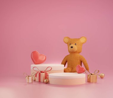 Sevgililer Günü temalı 3 boyutlu boş podyum sahnesi. Ürün sunumu için standını göster. Tatlı pembe renkli silindir sahnesi ve basit bir tasarım. Tatlı arkaplan