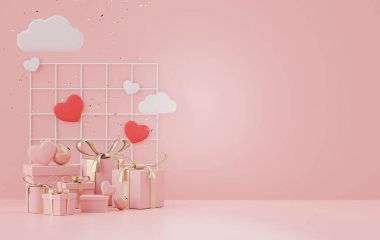 Sevgililer Günü temalı en küçük boşluk sahnesinin 3 boyutlu canlandırması. Ürün sunumu için sahneyi göster. Tatlı pembe renkte dur ve hediye kutusuyla dur. Tatlı arkaplan