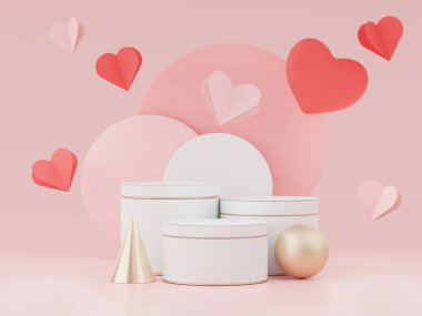 Sevgililer Günü temalı 3 boyutlu boş podyum sahnesi. Ürün sunumu için standını göster. Tatlı pembe renkli silindir sahnesi ve basit bir tasarım. Tatlı arkaplan
