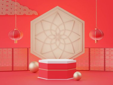 Çin 'in yeni yıl temalı boş podyumunun 3D görüntüsü. Ürün sunumu için standını göster. Basit bir tasarım ile geleneksel Çin dokusunda silindir aşaması.