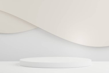 3 boyutlu geometrik şekiller oluşturuluyor. Beyaz mermer renkli boş podyum. Sunum için minimalist kaidesi ya da vitrin sahnesi. Kozmetik reklamcılık için soyut arkaplan.