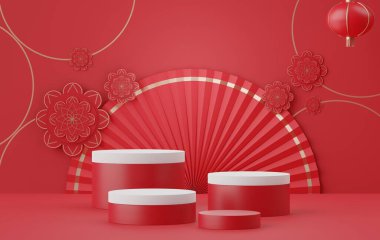 3D soyut minimum geometrik formlar. Tasarımın için lüks bir podyum. Ürün için pastel renk sahnesi. Moda fuarı dükkânı. Geleneksel Çin dokusu. Çin 'in yeni yıl teması.
