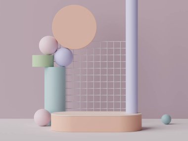 Toprak tonları renk temalı en az beyaz boş podyumun 3D görüntüsü. Ürün sunumu için gösterim standı. Makyaj ve kozmetik reklamları. Basit tasarımda silindir aşaması.