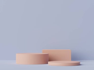 Toprak tonları renk temalı en az beyaz boş podyumun 3D görüntüsü. Ürün sunumu için gösterim standı. Makyaj ve kozmetik reklamları. Basit tasarımda silindir aşaması.
