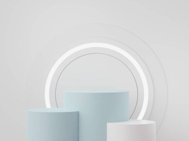 3 boyutlu geometrik şekiller oluşturuluyor. Beyaz mermer renkli boş podyum. Sunum için minimalist kaidesi ya da vitrin sahnesi. Kozmetik reklamcılık için soyut arkaplan.