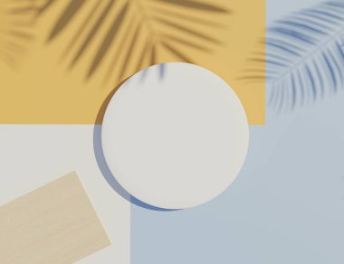 3d beyaz boş silindir çerçeve üst görünümünü maket için görüntüle ve palmiye yaprakları gölgeleri ve beyaz mavi arkaplan ile ürünleri görüntüle. Yaratıcı fikir kavramı.